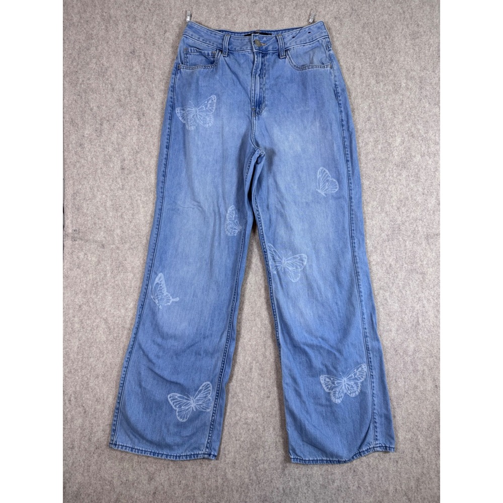 Hollister Ultra High-Rise Baggy Jeans Light Wash Butterfly Print Womens 4R Y2K